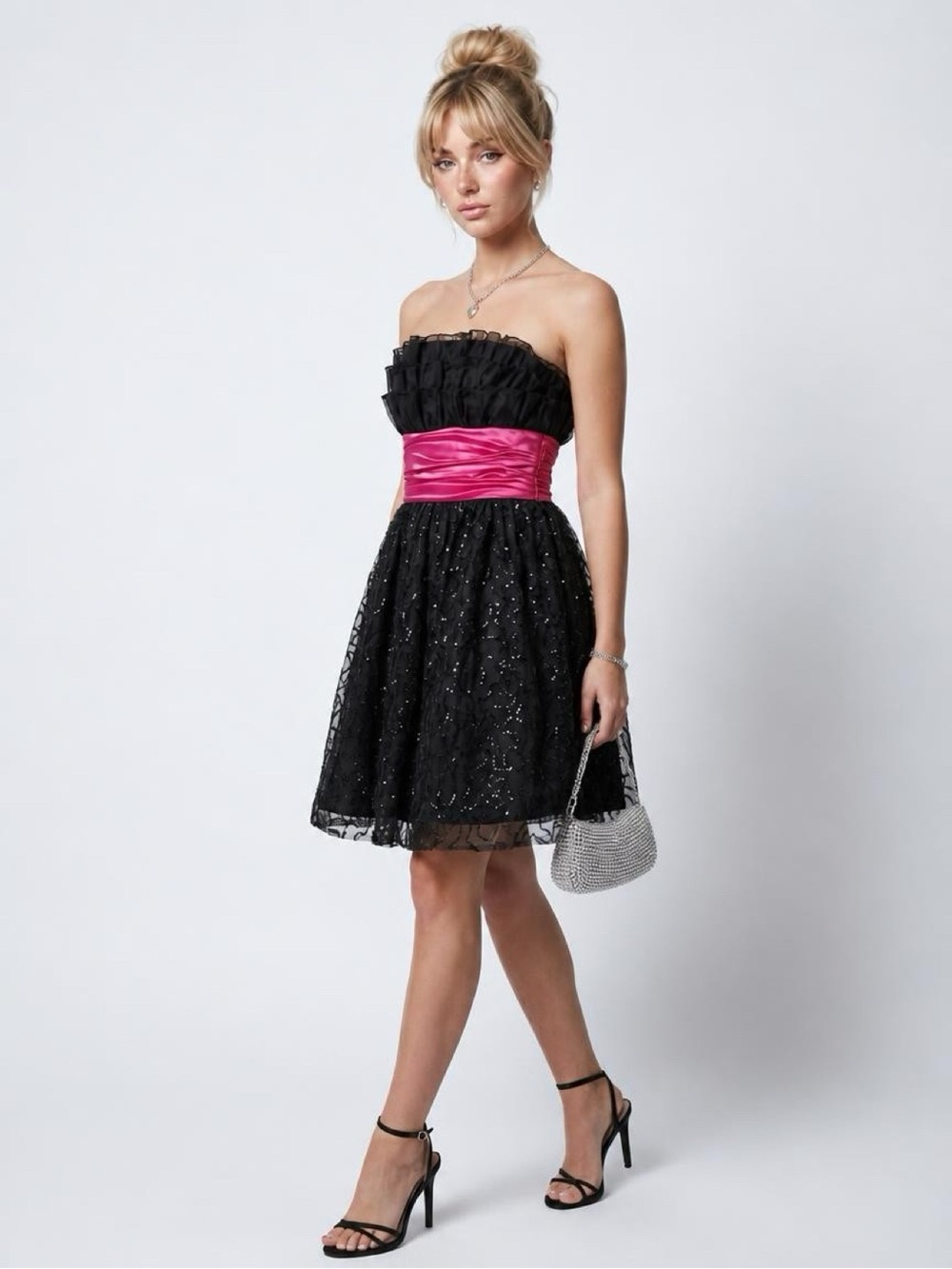 Y2K Betsey Johnson Black Sequin Dress Pink Sash Bow Size 2
